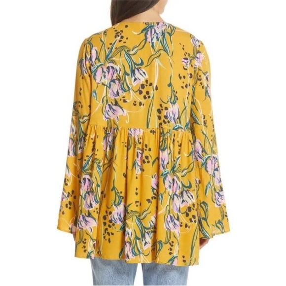 Free People Bella Floral Babydoll Top Mustard Multicolor XS Boho Blouse Tunic - Picture 2 of 6